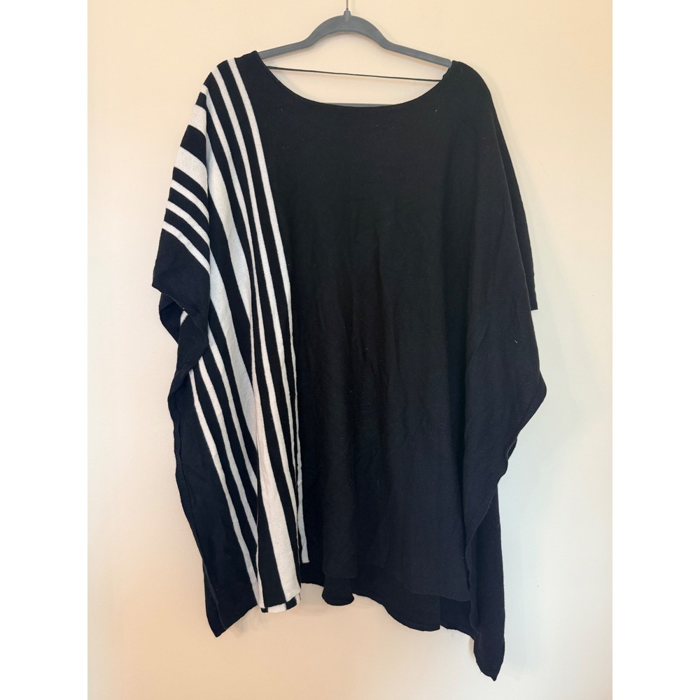 New York & Company Black White Striped Asymmetrical Knit Poncho Sweater OS